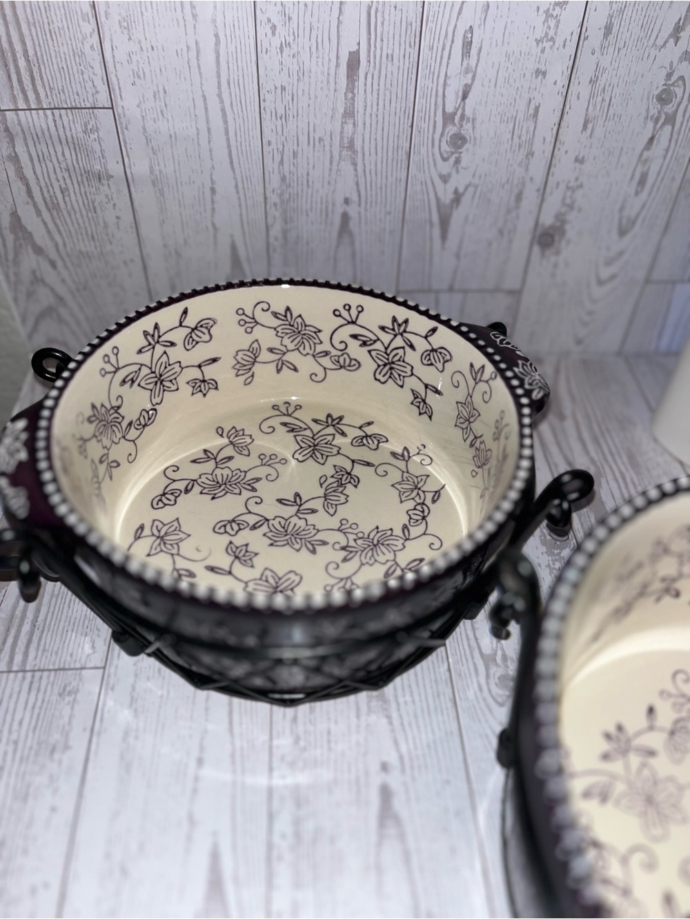 Temptations Purple and Cream Floral Ceramic Bowl with Black Metal Stand - Picture 3 of 10
